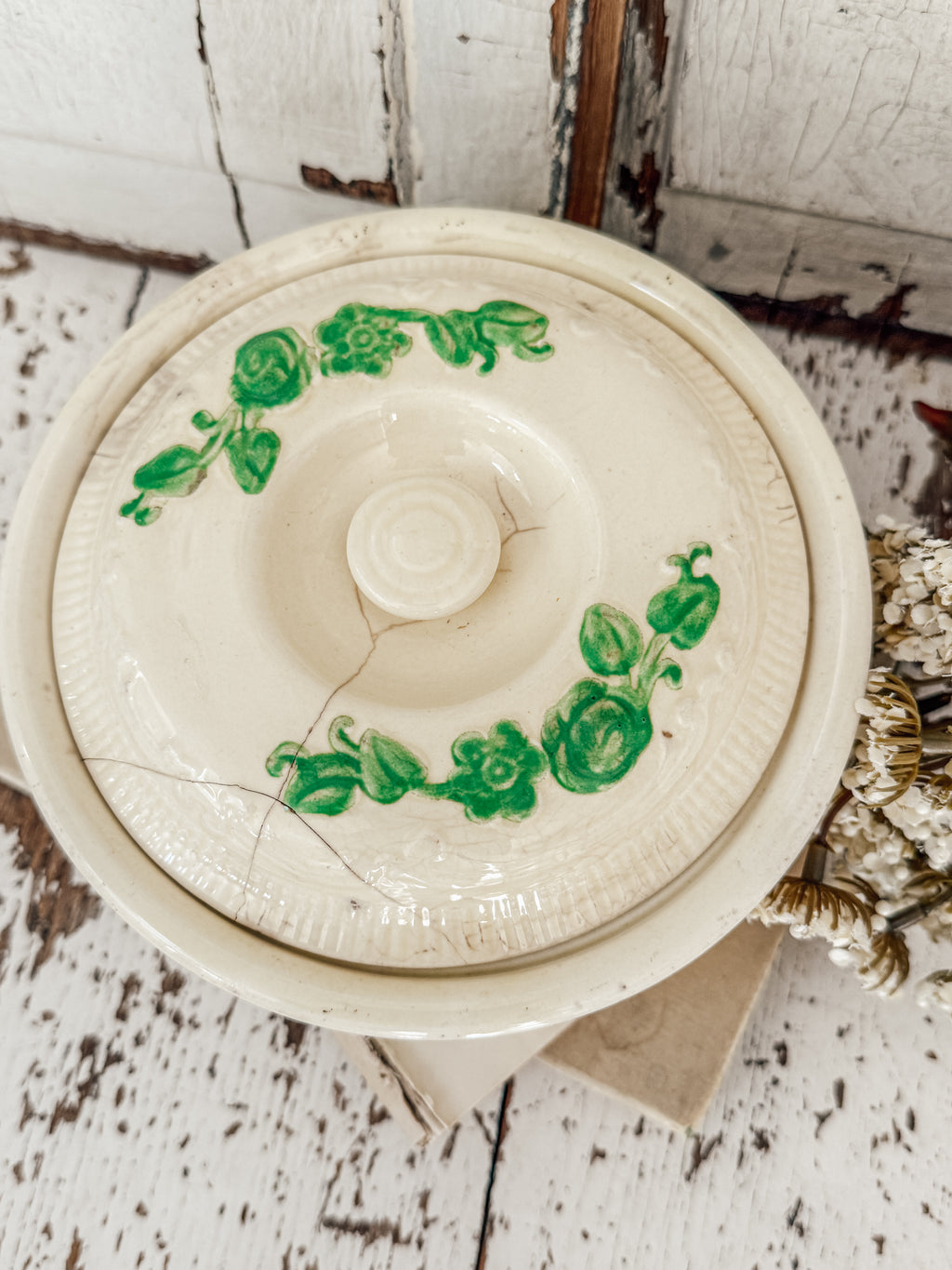 Vintage Homer Laughlin Oven Serve Ivy Green & Cream Bowl w/Lid