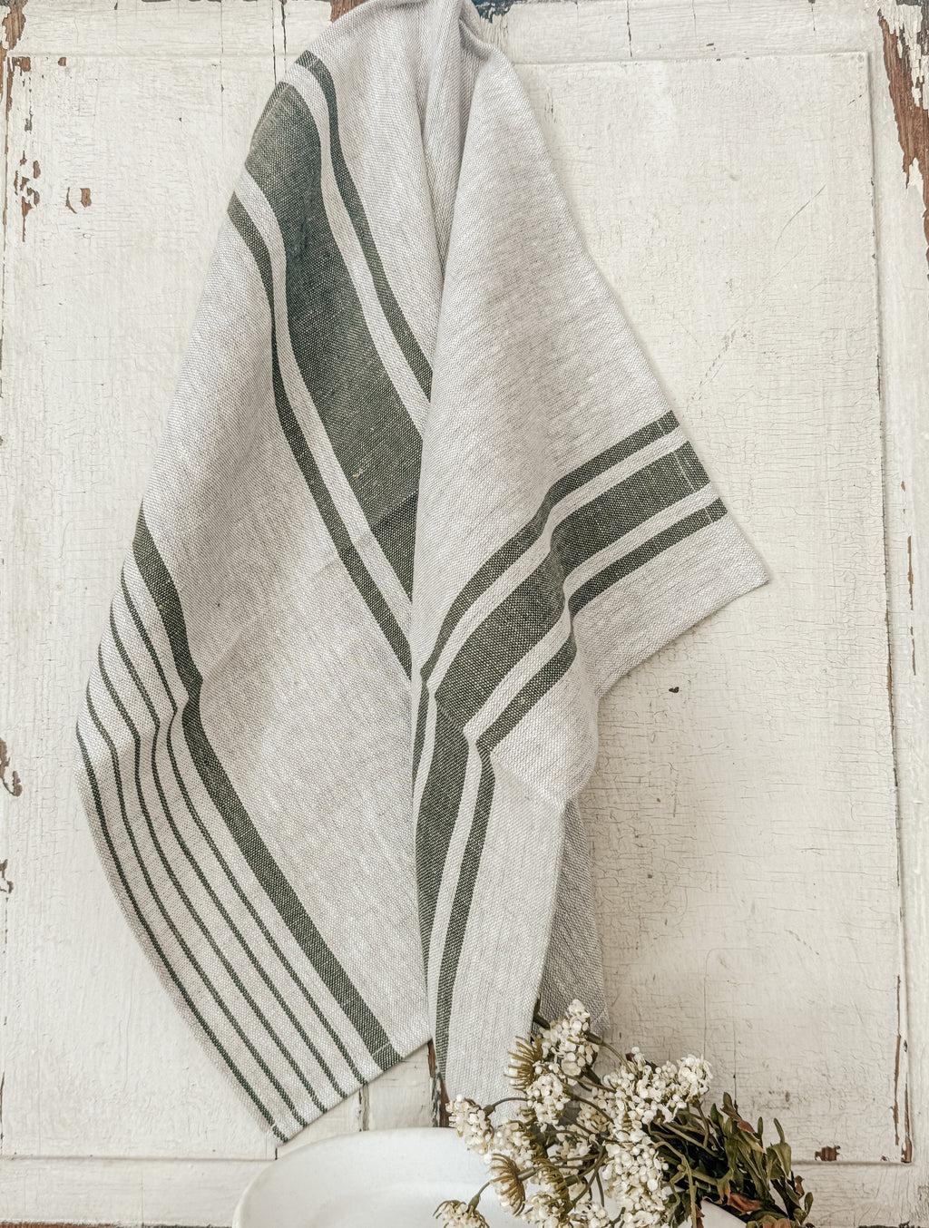 Green stripe linen kitchen towel