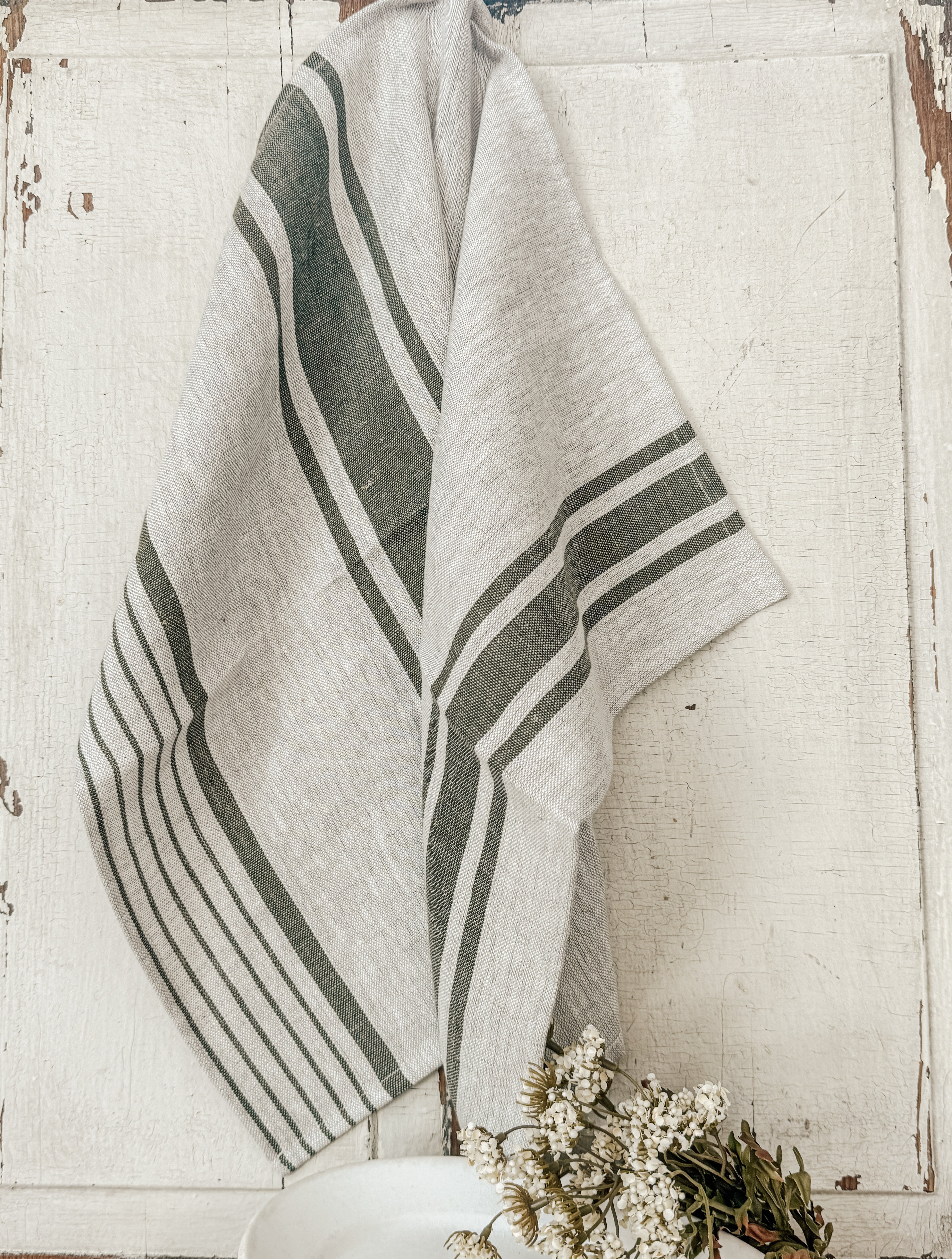 Green stripe linen kitchen towel