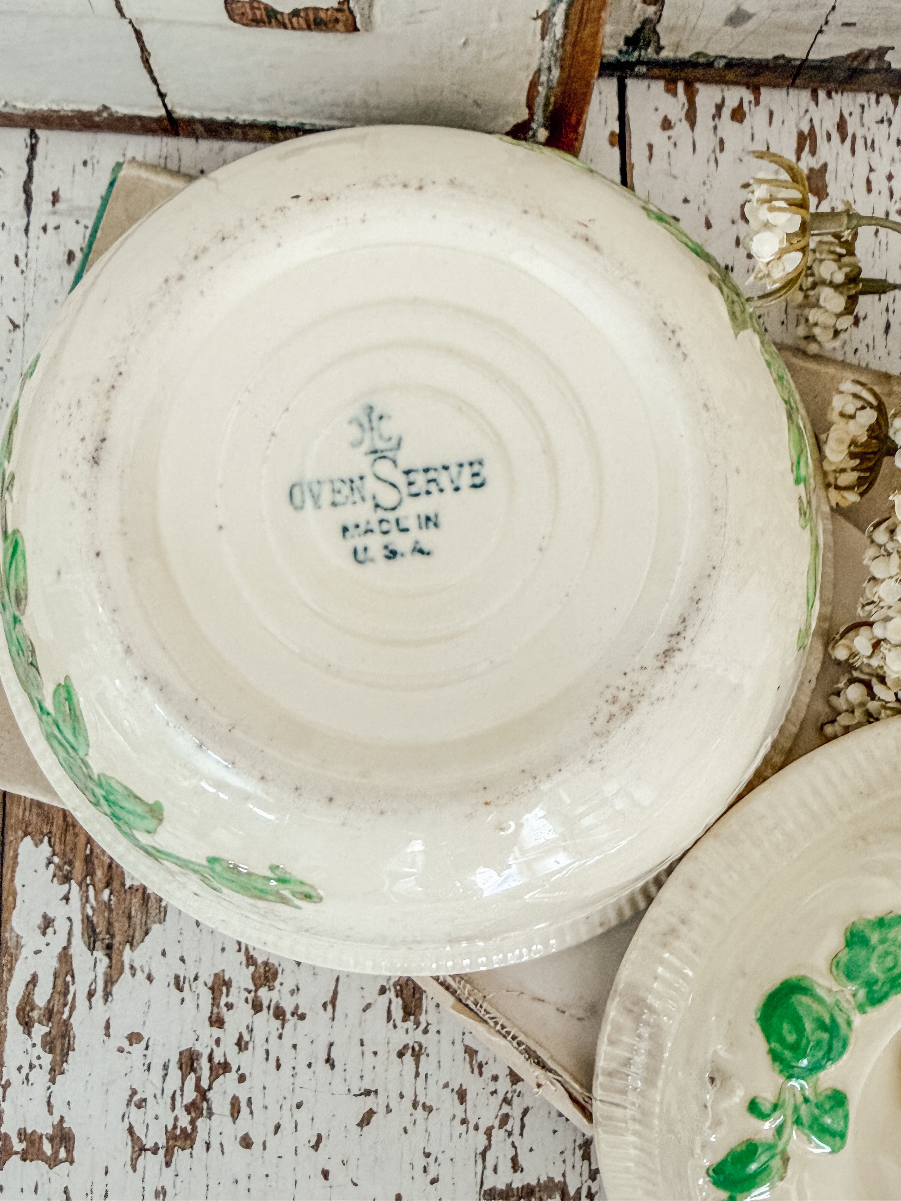 Vintage Homer Laughlin Oven Serve Ivy Green & Cream Bowl w/Lid