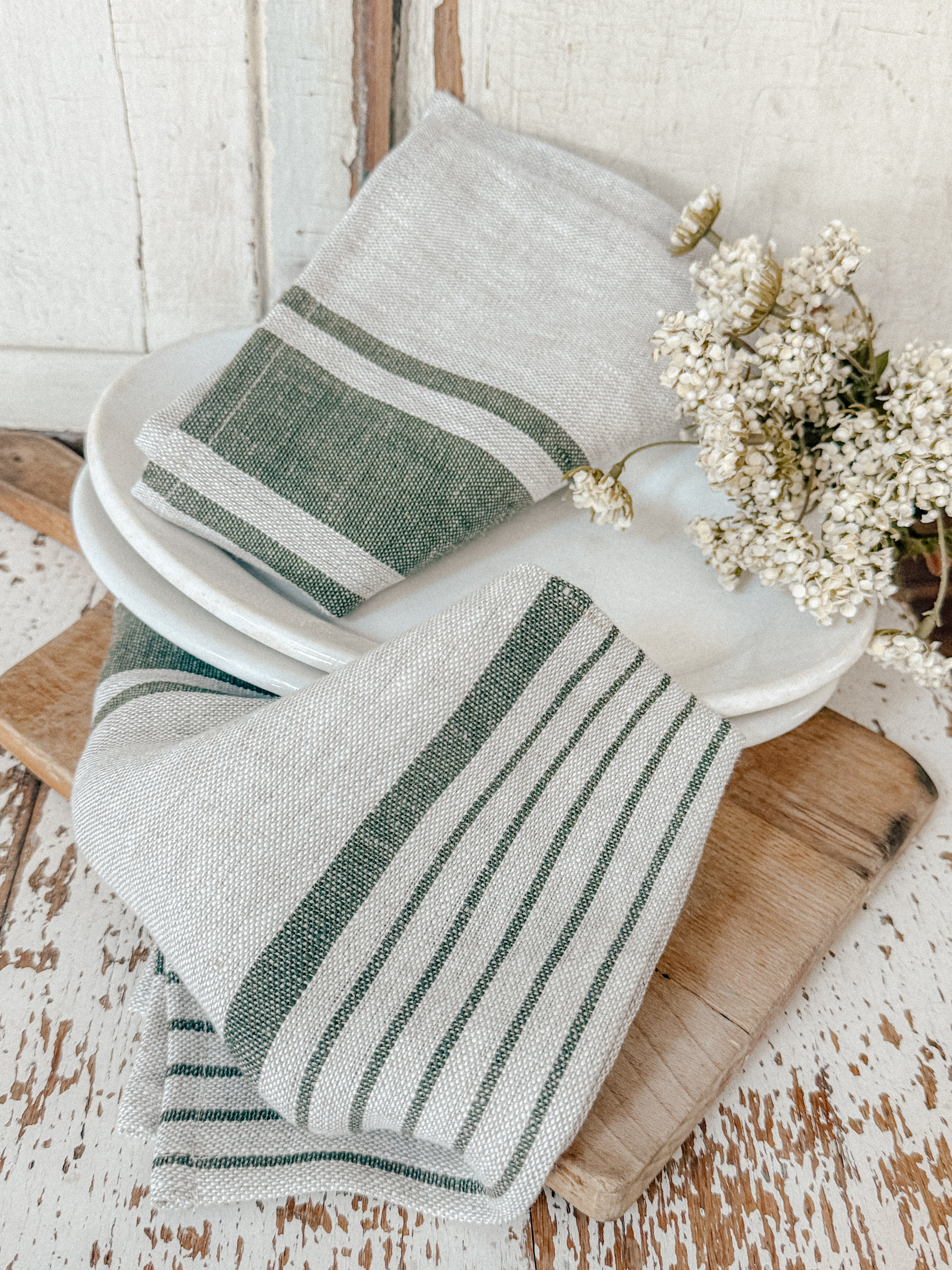 Green stripe linen kitchen towel