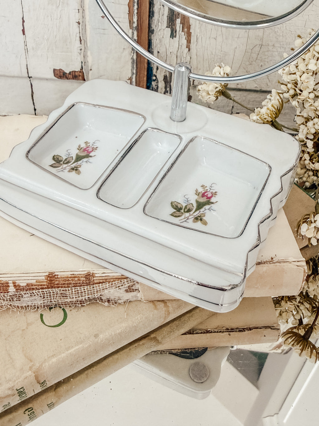 Vintage MCM petite vanity mirror w/jewelry holder