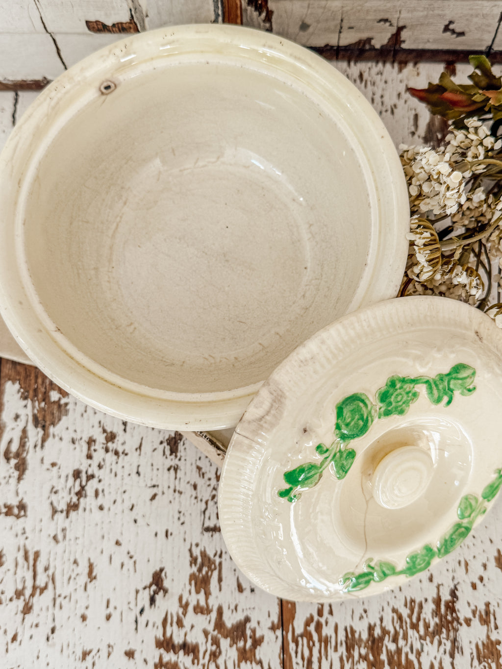 Vintage Homer Laughlin Oven Serve Ivy Green & Cream Bowl w/Lid