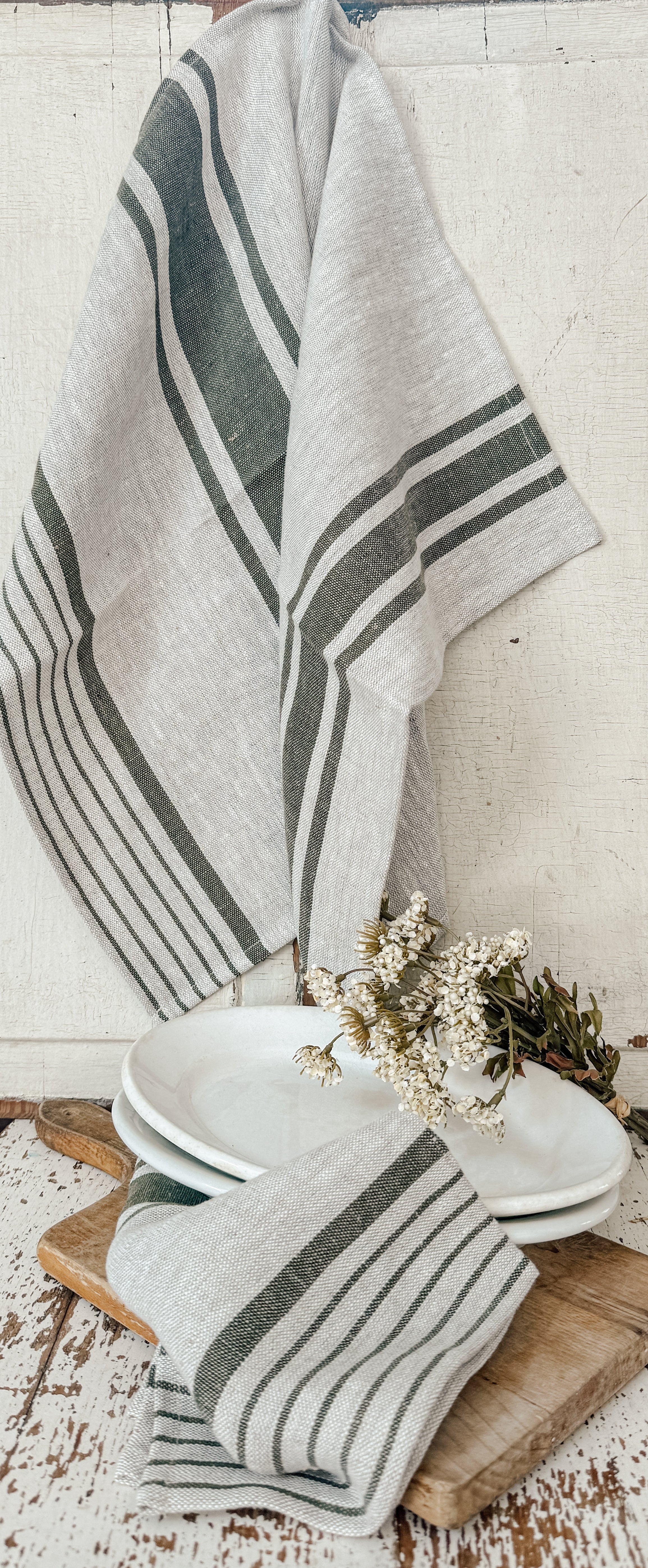 Green stripe linen kitchen towel
